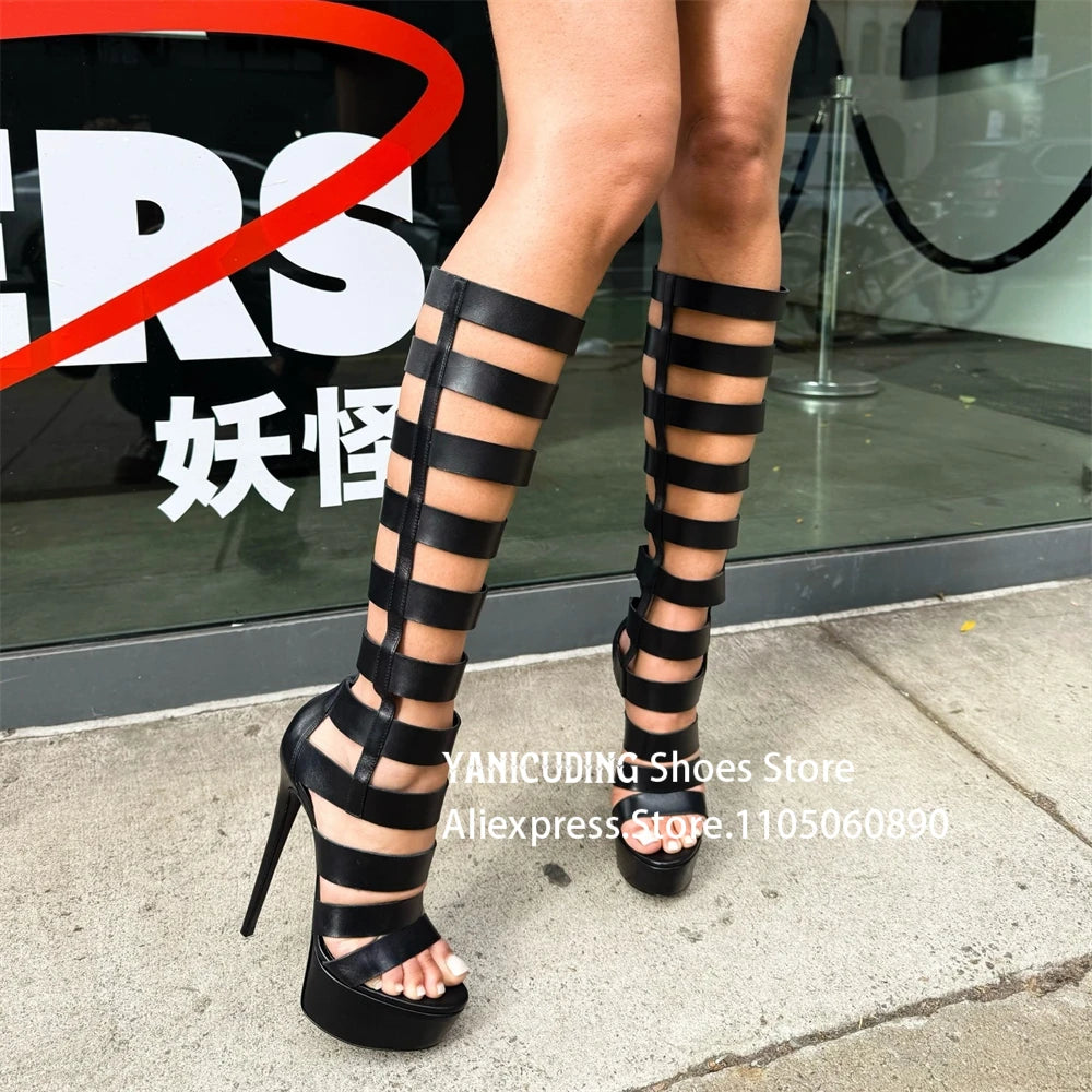 Strappy Gladiator Sandal Boots Metallic Gold Below the Knee Stiletto Boots Fashion Sexy Style Back Zipper Platform Women's Boots