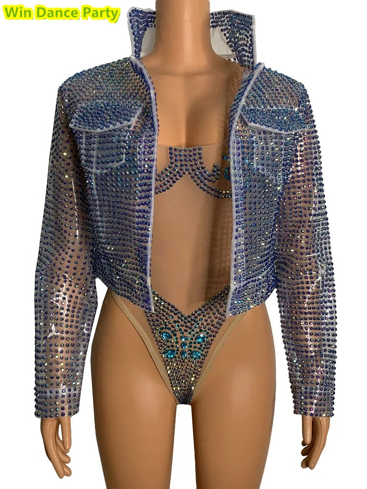 Mesh Fluorescent Full Diamond Slim Fit Hip Wrapped Jumpsuit Jacket Singer Model Nightclub Bar Performance Costume