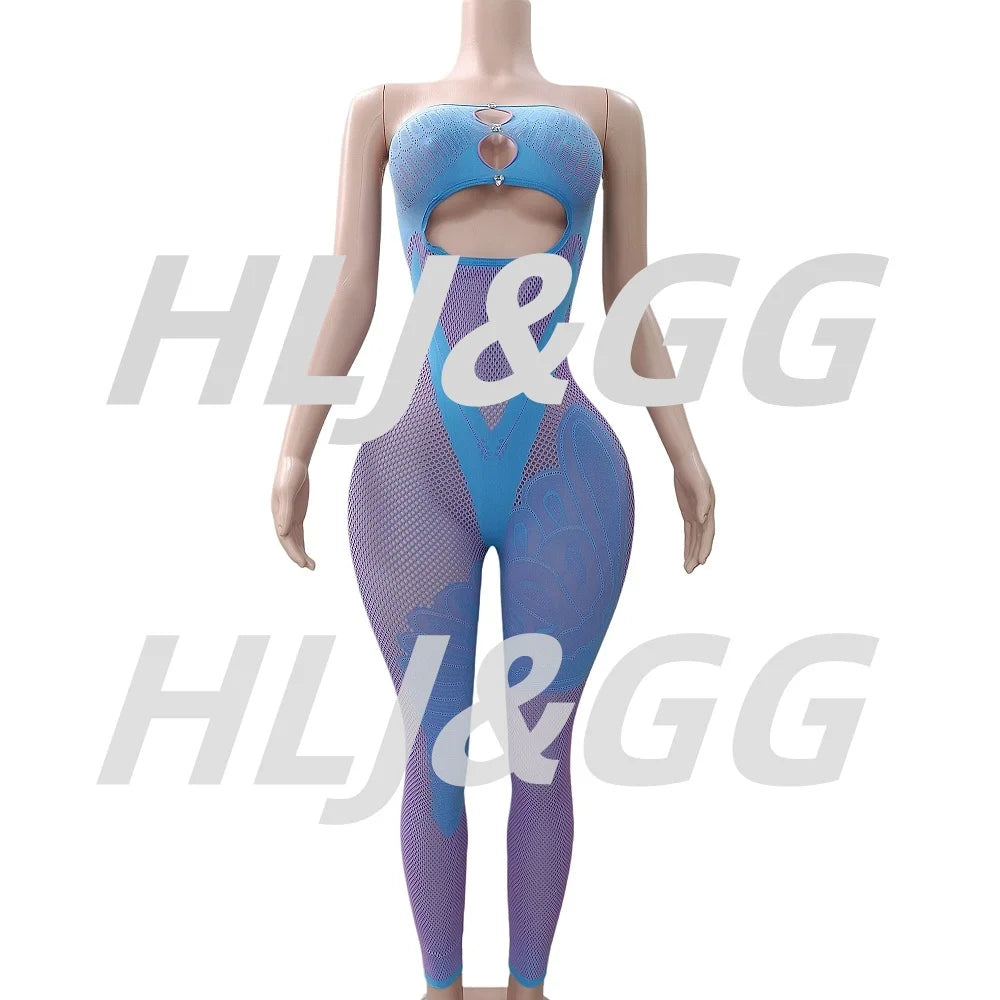 HLJ&GG Sexy Off Shoulder Hollow Out Bodycon One Piece Jumpsuits Women Sleeveless Backless Slim Playsuit Fashion Stretchy Overall