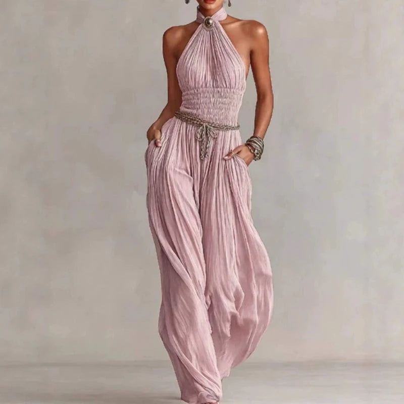 Elegant High Waist Pocket Wide Leg Playsuits Fashion Off Shoulder Halter Jumpsuits Summer New Sleeveless Hollow Out Pure Rompers