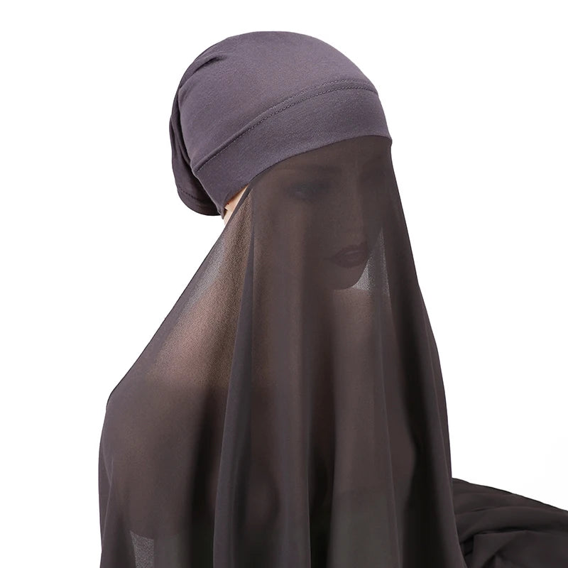Muslim Women Bonnet + Chiffon Shawl Instant Under Scarf Cap Islam Inner Scarf Headband Stretch Hijab Cover Headwrap Turbante