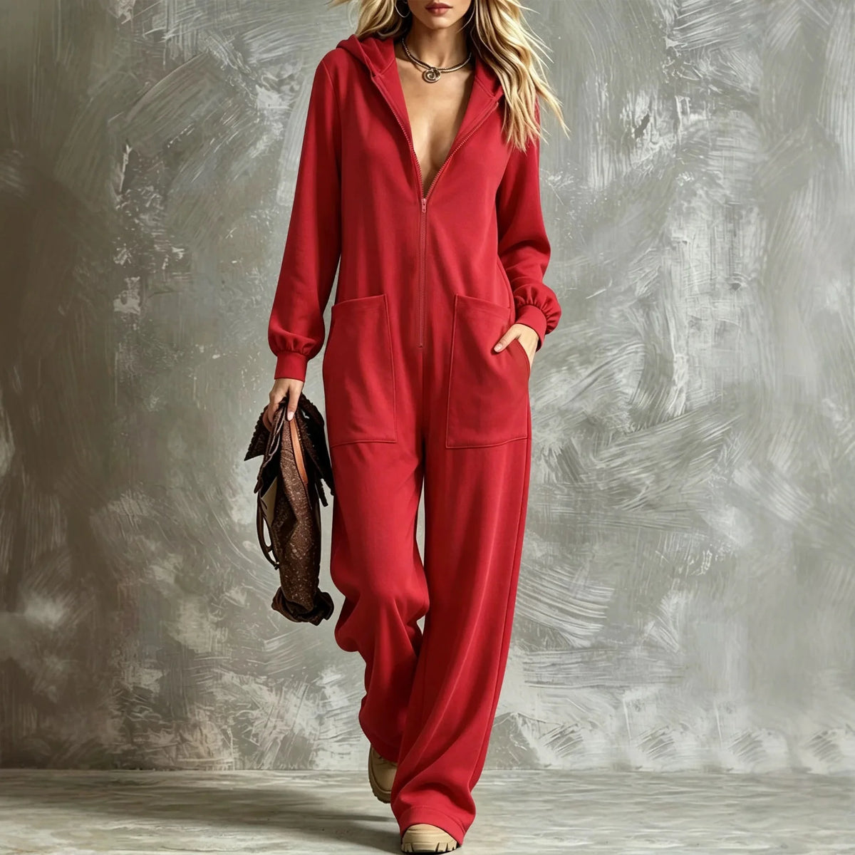 2026 Autumn New Fashion Hooded Zipper Women's Jumpsuit Casual Loose Jumpsuit Straight Pants Pocket Rompers Lazy Female Home Wear