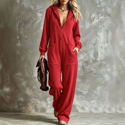 2026 Autumn New Fashion Hooded Zipper Women's Jumpsuit Casual Loose Jumpsuit Straight Pants Pocket Rompers Lazy Female Home Wear