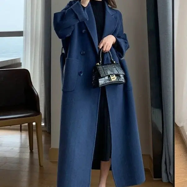 Winter Trench Coat For Women 2026 New Fashion Korean Casual Wool Coat Navy Blue Lace-up Long Jacket Black Woman Coat With Blet