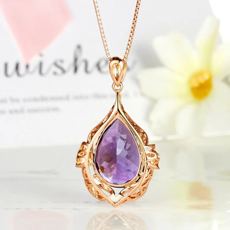 Natural Deep Purple Amethyst Pendant 18K Gold Plated Colored Gemstone Material Fashionable Jewelry Diamond Necklace