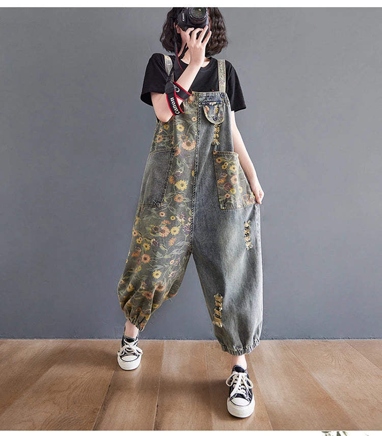 Casual Oversized Print Floral Denim Overalls For Women Loose Wide Leg Mom Jeans Rompers And Jumpsuit Cargo Straps Baggy Pants