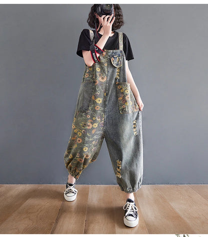 Casual Oversized Print Floral Denim Overalls For Women Loose Wide Leg Mom Jeans Rompers And Jumpsuit Cargo Straps Baggy Pants