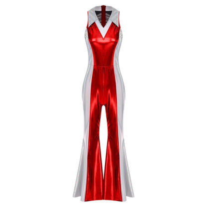 70s 80s Disco Costume Women's Streetwear Jumpsuit Shiny Clubwear Flared Long Pants Rompers Flares Metallic Hippie Party Outfit