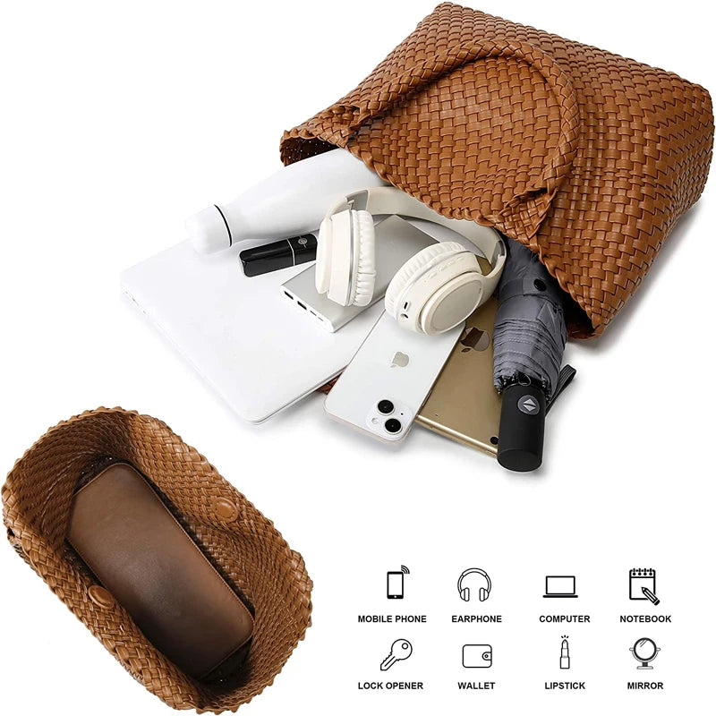 Large-Capacity Designer Knitting Fashion PU Leather Women's Shoulder Bag Handbags for Beach Travel Single-Shoulder Ladies Bag