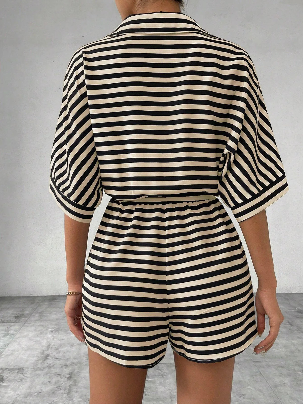 Women One Piece Short Sleeve Striped Overalls Shorts Pants Elastic Waist Turn Down Collar Rompers