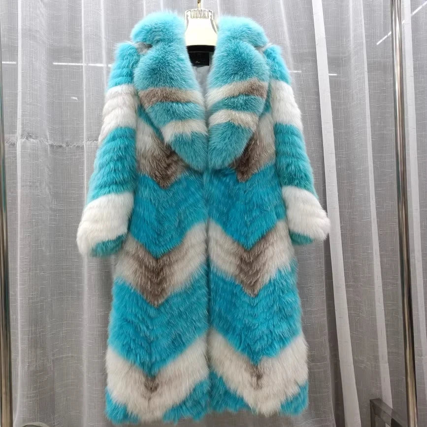 2025 Women's Real Fox Fur Winter Coat X-Long Natural Fluffy Luxe Jacket Streetwear Fashion