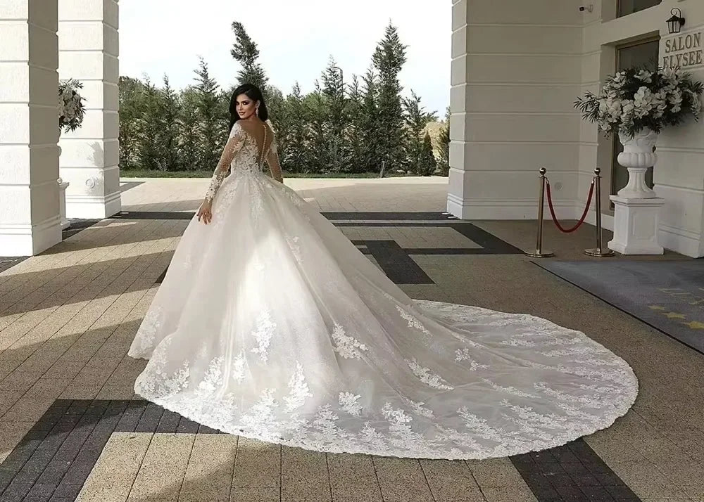 Customized Illusion Neck Wedding Dresses Long Sleeve Lace Bride Dress Ball Gown Women Vestidos de novia amanda novias oficial