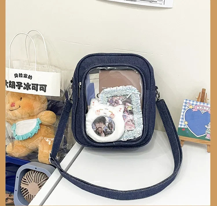 New Denim Ulzzang Ita Bags Female Transparent Badge Doll Show Crossbody Shoulder Bag Individuality Designer 2 Sides Bolso Mujer