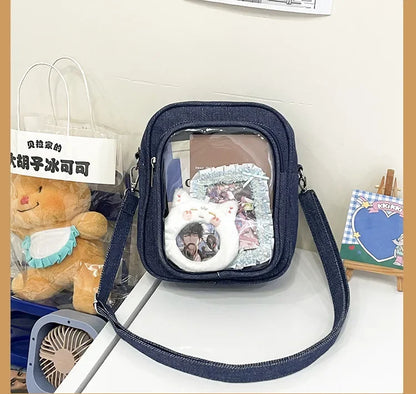 New Denim Ulzzang Ita Bags Female Transparent Badge Doll Show Crossbody Shoulder Bag Individuality Designer 2 Sides Bolso Mujer