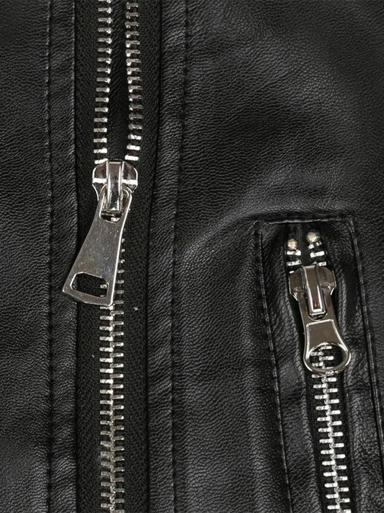 Nerazzurri Spring Autumn Loose Black Faux Leather Jacket Women with Lace Long Sleeves Zipper Belt Luxury Elegant Fashion 2022