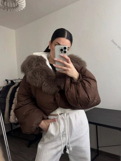 Winter Female White Duck Down Jacket Luxury Loose Short Fashion Casual Women Warm Real Fox Fur Coat Long Sleeve Puffer Jacket