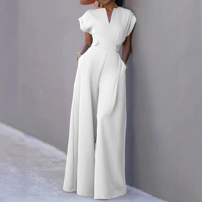 Elegant Women's Jumpsuits Fashion Solid Color V-neck High Waist Wide Leg Sleeveless Jumpsuit Temperament New Female Clothing