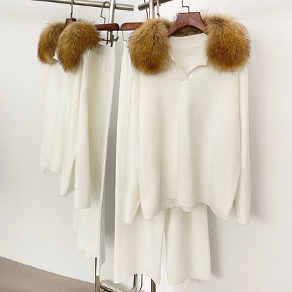 Reality Fur Jacket Pullover Set Woman Spring Knitted Suit Knitwear Female Real Fox Fur Collar Sweater Lady Autumn Knitted New