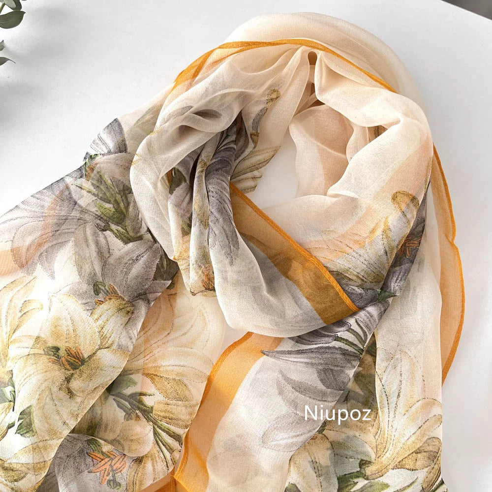 Gradient Lily Print Pretty Women Elegant Chiffon Georgette Bandana Scarf Summer Beach Sunscreen Thin Shawl