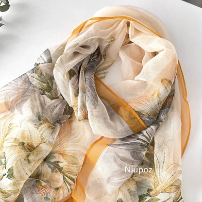 Gradient Lily Print Pretty Women Elegant Chiffon Georgette Bandana Scarf Summer Beach Sunscreen Thin Shawl
