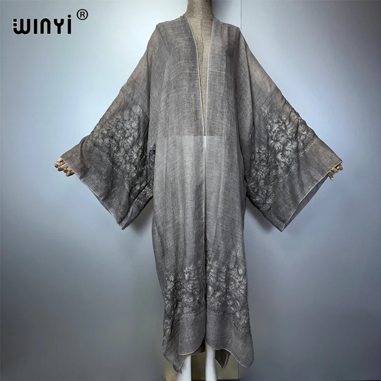 WINYI Kimono Hand-Dyed Embroidered Cardigan Beachwear Evening Dress Abaya Dubai Luxury Cover-Ups Beach Outfits Women Maxi Coat