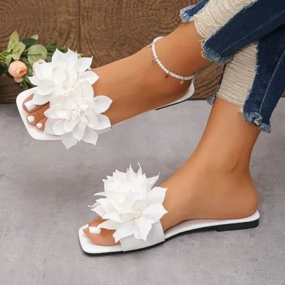 Women Flat Slippers 2026 Summer New Solid Color Sandals Flowers Open Toes Slippers Casual Fashionable Beach Shoes Slides Women