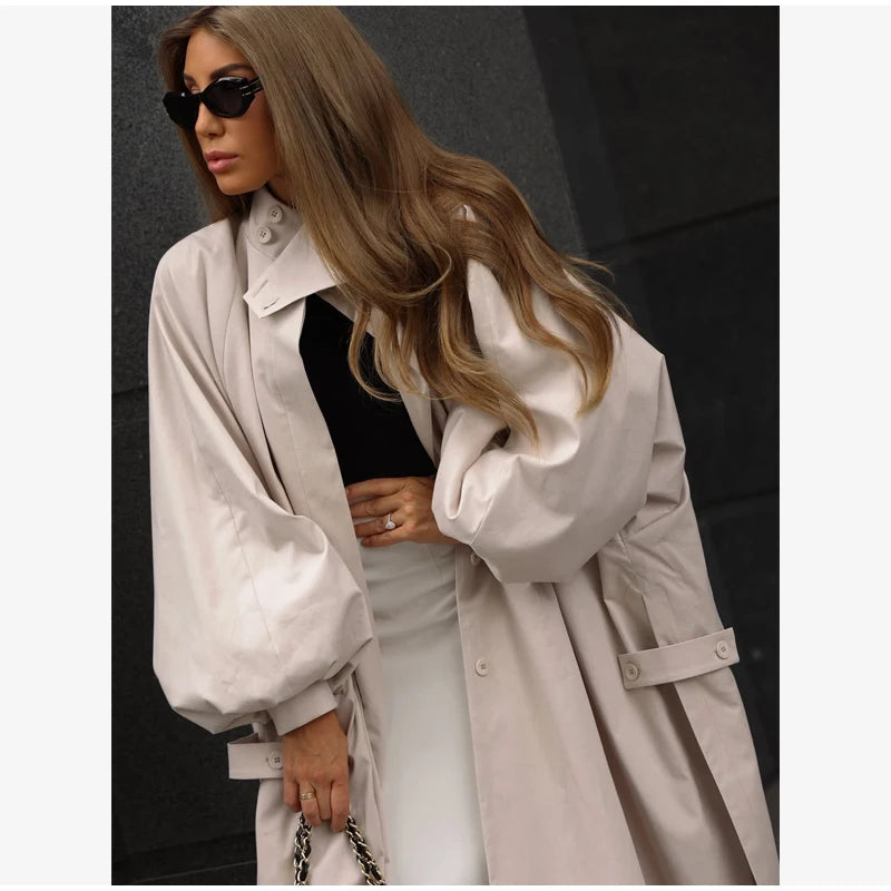 Women's Brown Stand Up Collar Long Long Trench Coat  Lantern Sleeve Side Slit Loose Windbreaker 2026 Spring Autumn Fashion Coat