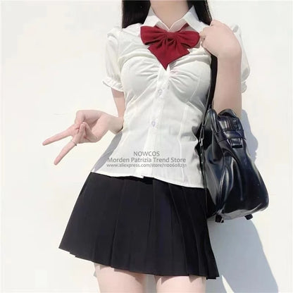 Summer Girls College Style Uniform Suit White Puff-Sleeve Shirt with Bow Slim Waist Skirt Set Women's Short-Sleeve Top And Skirt