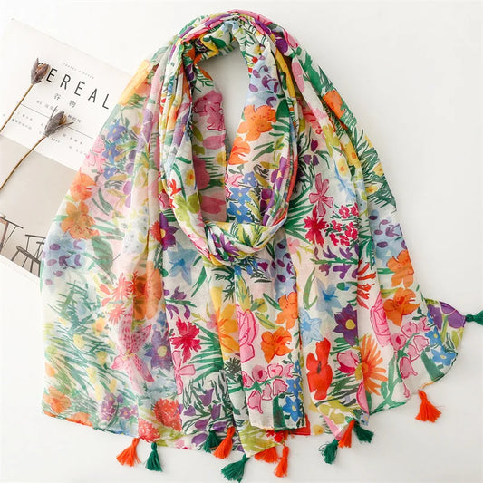 Tropical Plant Print Scarf, Elegant Style Thin Breathable Shawl with Tassels, Summer Sunscreen Windproof Beach Towel for Women