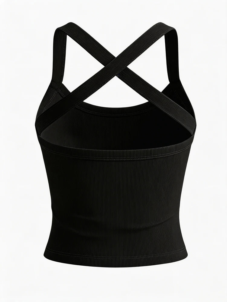 Low-Neck Vest Women Cross Shoulder Strap Solid Skinny Stretch Sexy Midnight Hottie Beach Party Sporty Basis Tops
