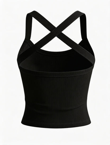 Low-Neck Vest Women Cross Shoulder Strap Solid Skinny Stretch Sexy Midnight Hottie Beach Party Sporty Basis Tops