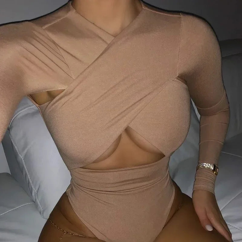 Summer New Women's Jumpsuit Solid Color Cross Hollow Long Sleeve Revealed Waist Slimming Smooths Your Silhouette