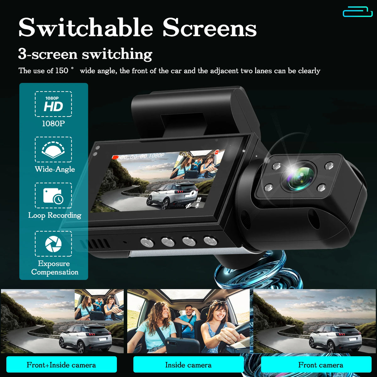 Podofo 3.16-inch 1080P Car Dash Cam With Four High-Definition Lenses, Including 480p Left Interior, Right Interior, And Rear View Cameras Loop Recording Car DVR Video Recorder