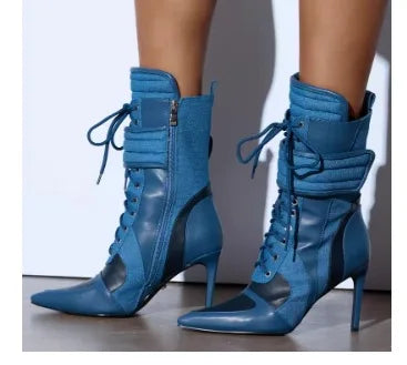 Punk Style Bling Rhinestone Pointed Toe Mid-Calf Women Boots Stiletto High Heels Lace Up Design Large Size Fashion Show Shoes