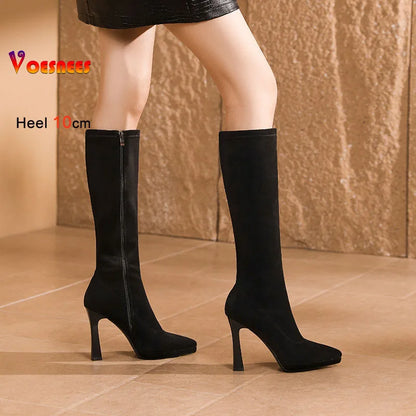 Black Knee High Boots For Women Pointed Toe 10cm High Heel Platform Side Zipper Slim Party Tall Boots Autumn Winter Lady Shoes
