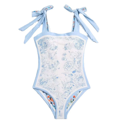 Women's Retro Double Sided Print Sweetheart Neck Tie Back Sleeveless One Piece Swimsuit Tankini Tankinis Dames Tankini Woman