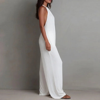 Women's Halter Sleeveless Jumpsuit New Beach Vacation Textured Overalls with Pockets Wide Leg Romper Casual Spring Summer Outfit