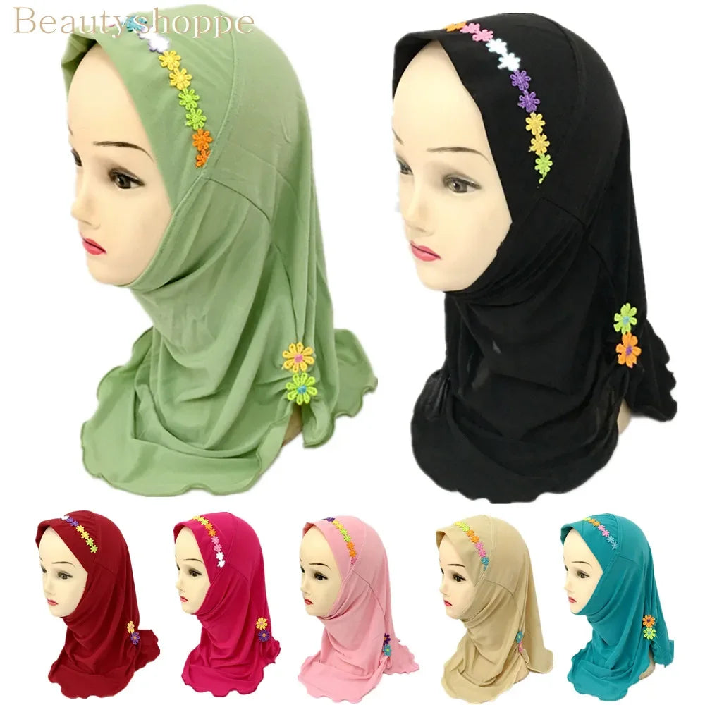 Girls Kids Muslim Beautiful Hijab Islamic Arab Scarf Shawls Flower Pattern