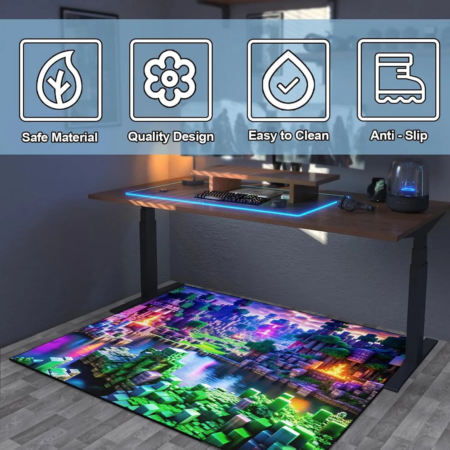 Neon Voxel World Print Area Rug, Colorful Blocky Pixel Scene Floor Mat for Gaming Room, Bedroom, Non-Slip Washable Carpet