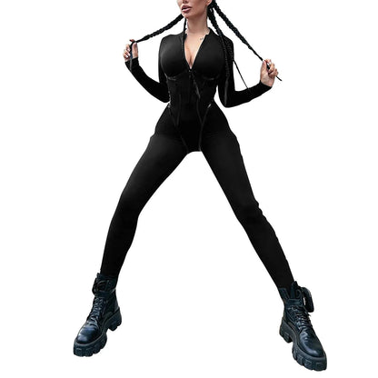 Women'S Deep V Tight Jumpsuit Long Sleeve Sports Jumpsuit With Zip Playsuits Sporty Romper Female Elastic High Waist Jumpsuits