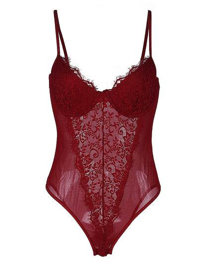 Comeondear Plus Size Crotch Open Bodysuits Red High Quality Lace Splicing Teddy With Underwire Sexy Jumpsuits Overalls for Women