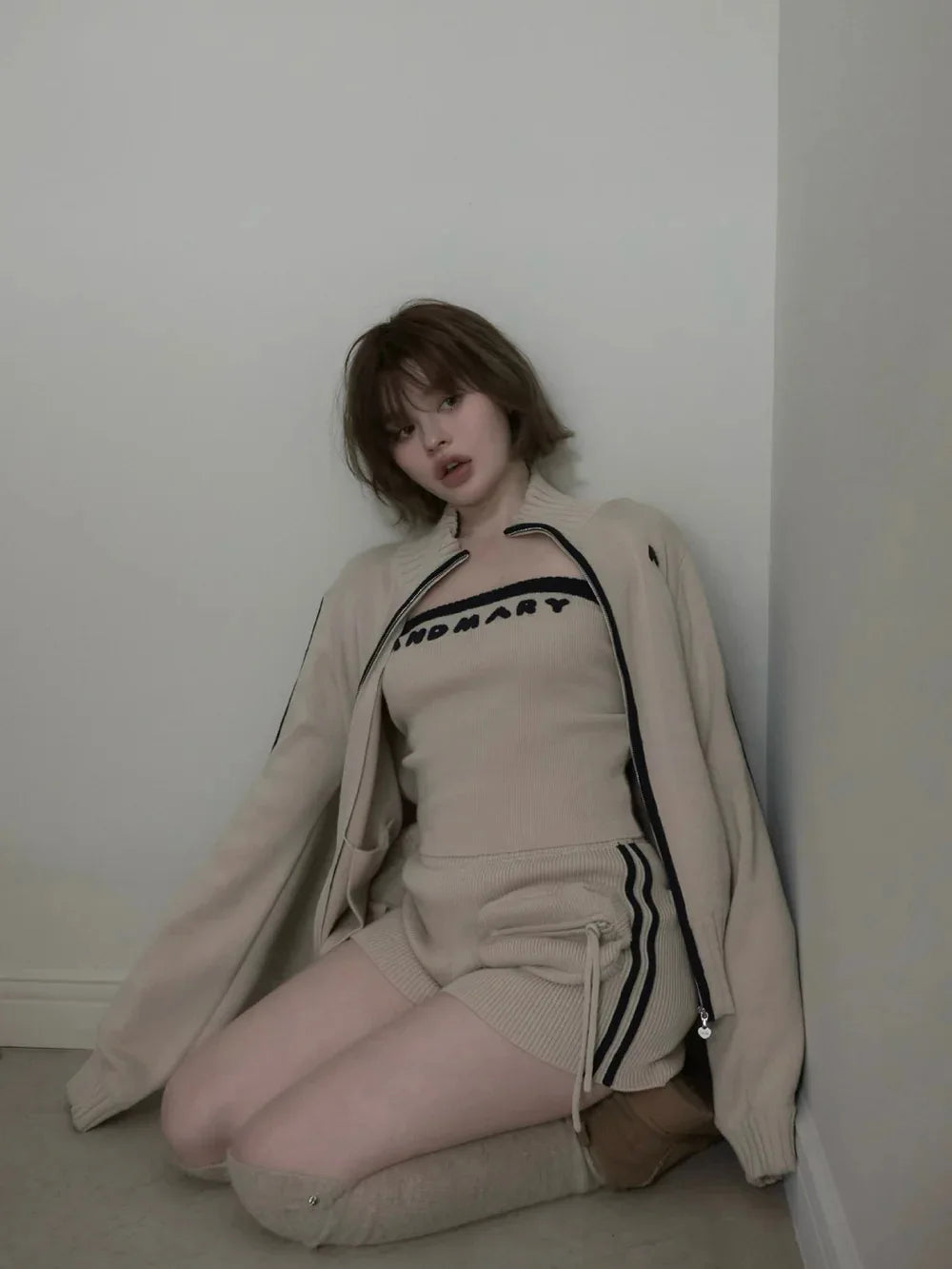 Japanese Spring Autumn 3-piece Set Sweet Striped Zipper Cardigan Tube Top High Waist Shorts Set Y2K Street Style Casual Wear