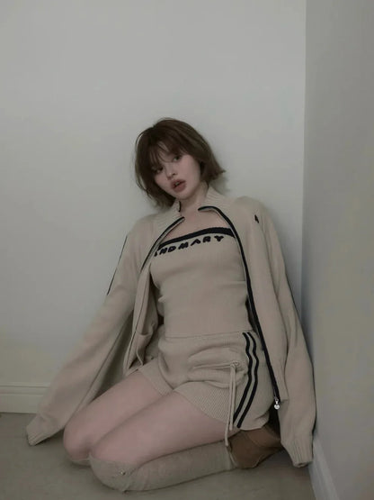 Japanese Spring Autumn 3-piece Set Sweet Striped Zipper Cardigan Tube Top High Waist Shorts Set Y2K Street Style Casual Wear
