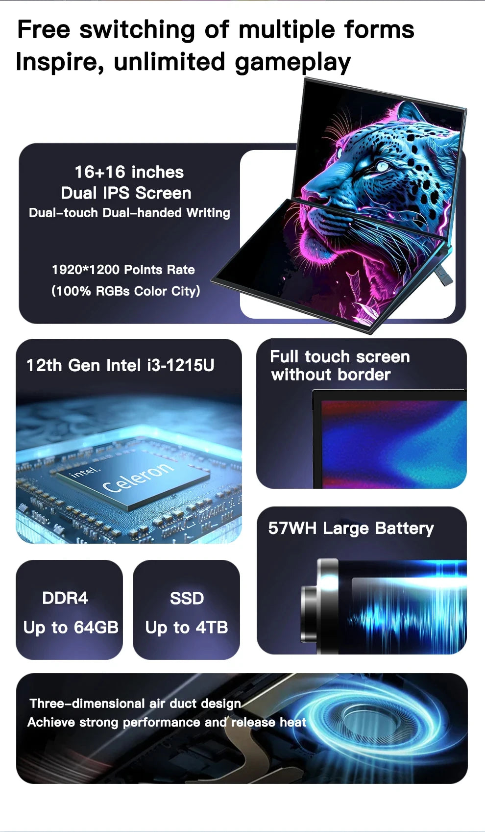 GLF-S1 Laptop 16+16 Inch Big Dual Screen Intel I3-1215U Laptop Computers Camera Windows 11 DDR4 M.2 2280 2TB WIFI Dual Notebook