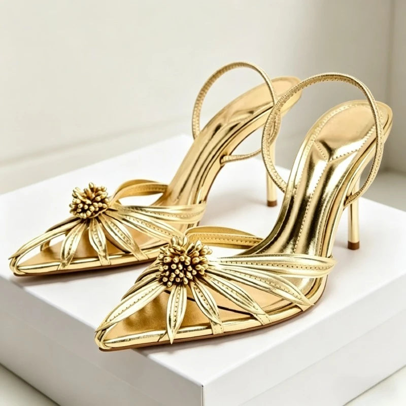 Gold Flower Designer Backless Women's Sandals Summer 2026 Novelty Sexy Pointed Toe Pumps Heels Women Luxury Banquet Party Shoes