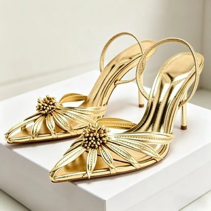 Gold Flower Designer Backless Women's Sandals Summer 2026 Novelty Sexy Pointed Toe Pumps Heels Women Luxury Banquet Party Shoes