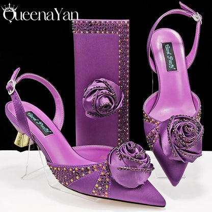 New Party Shoes And Bag Set Nigeria Handmade Flowers Decoration Lady Fashion Shoes and Bag Set for Wedding
