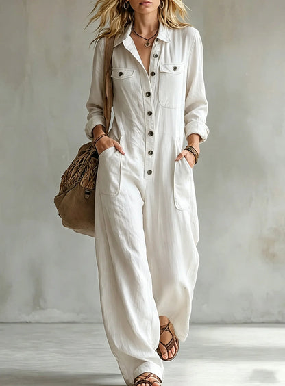 Autumn Simple Solid Women's Jumpsuit Fashion Button Half Open Design Loose Lapel Jumpsuits With Pocket Ladies Office Clothing