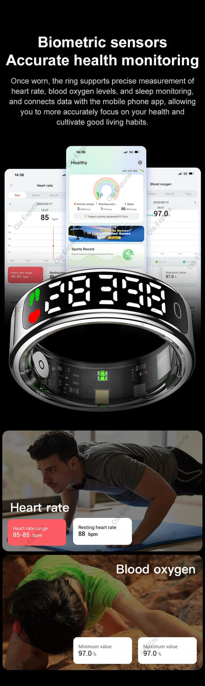 2026 New SR08 Smart Ring Men Women LED Display Screen Heart Rate Blood Oxygen Monitoring 5ATM Waterproof Multi Sports Modes Gift