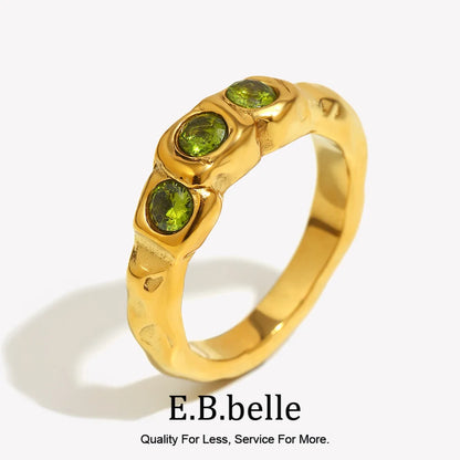 E.B.belle New Vintage Style Three Green Zircon Ring PVD Plated 316L Stainless Steel Simple Women Statement Finger Chic Jewelry